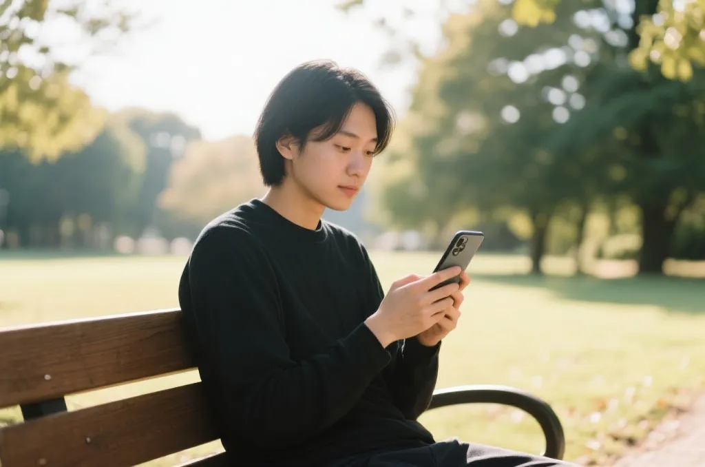 用户在户外公园长椅上聆听手机中的赛事解说
